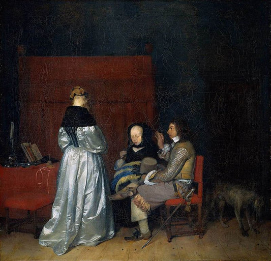 Three Figures Conversing in an Interior, vintage artwork by Gerard ter Borch, 12x8" (A4) Poster