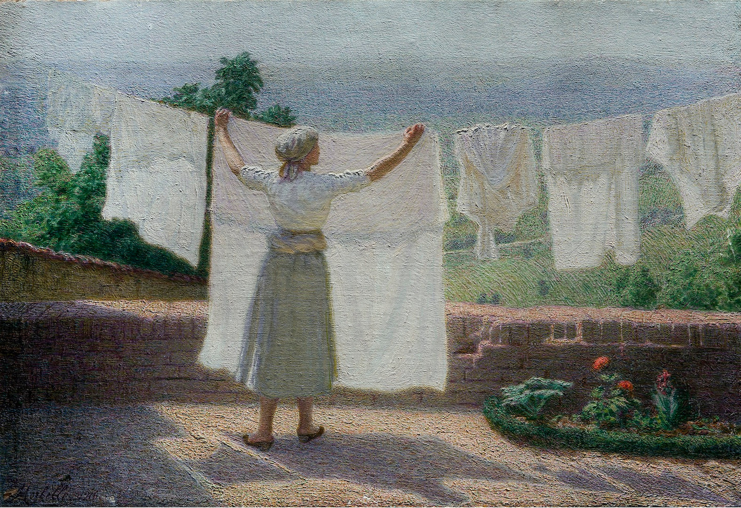 Stretching clothes in the sun, vintage artwork by Angelo Morbelli, 12x8" (A4) Poster