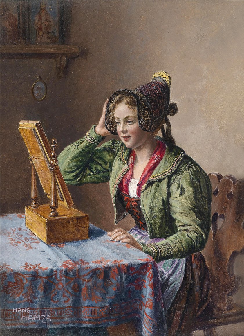 Young girl by the mirror by Hans Hamza,16x12(A3) Poster