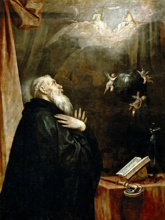 Vision of St. Benedict with Three Angels, vintage artwork by Alonso Cano, 12x8" (A4) Poster