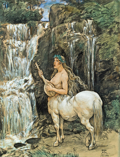 Female Centaur by  a waterfall, vintage artwork by Hans Thoma, 12x8" (A4) Poster