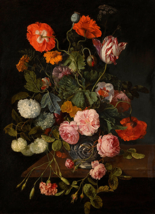 A Still Life with Parrot Tulips, Poppies, Roses, Snow Balls, etc., vintage artwork by Cornelis Kick, 12x8" (A4) Poster