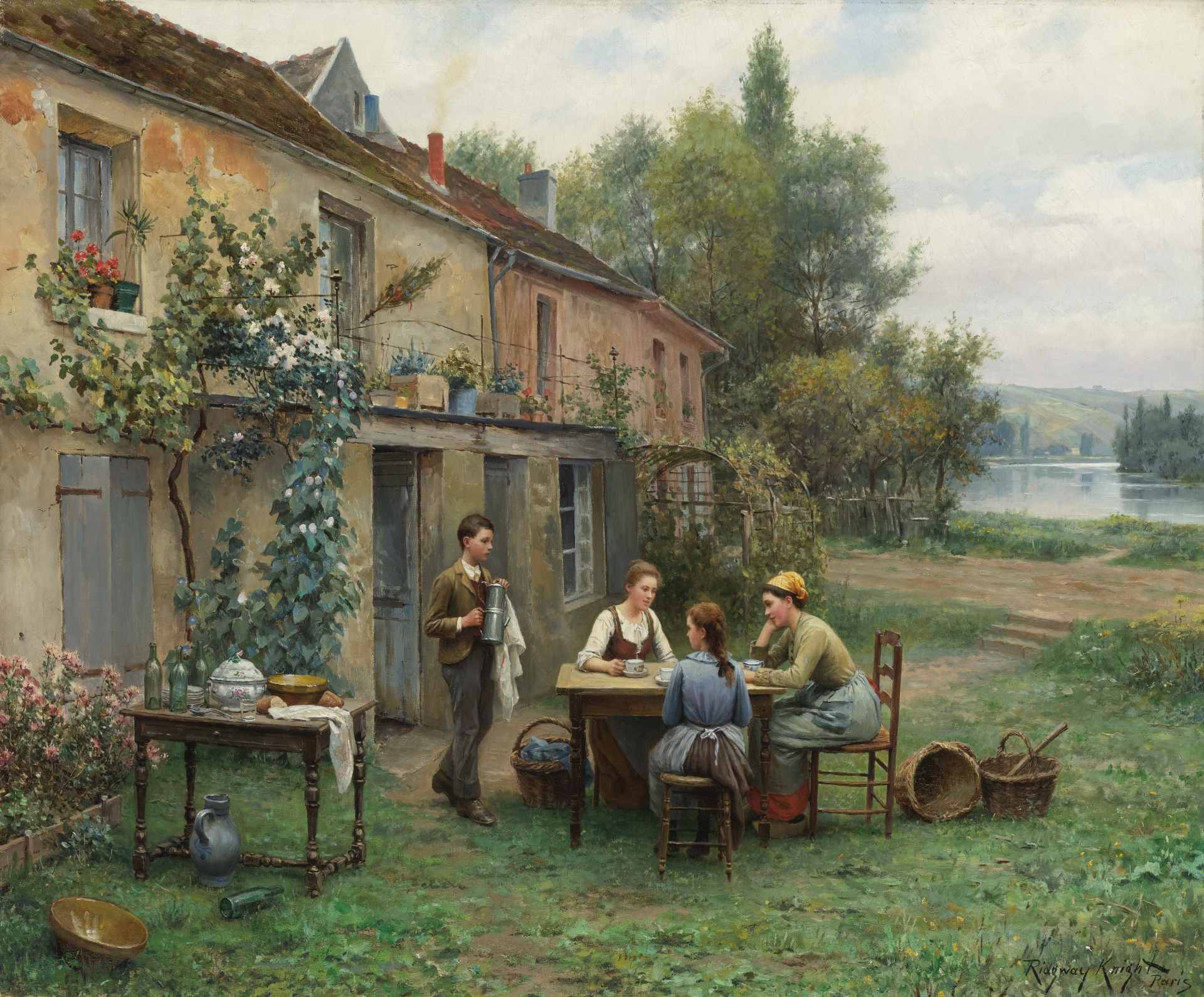 Coffee in the Garden, vintage artwork by Daniel Ridgway Knight, 12x8" (A4) Poster