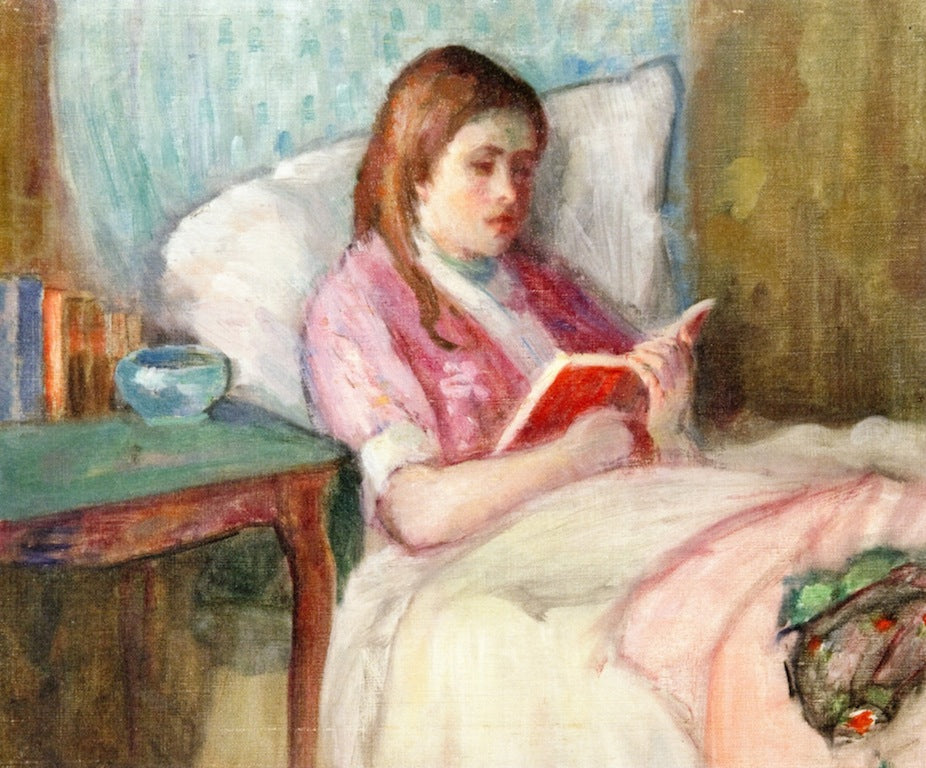 Young Woman Reading in Bed by Lucien Abrams,A3(16x12")Poster