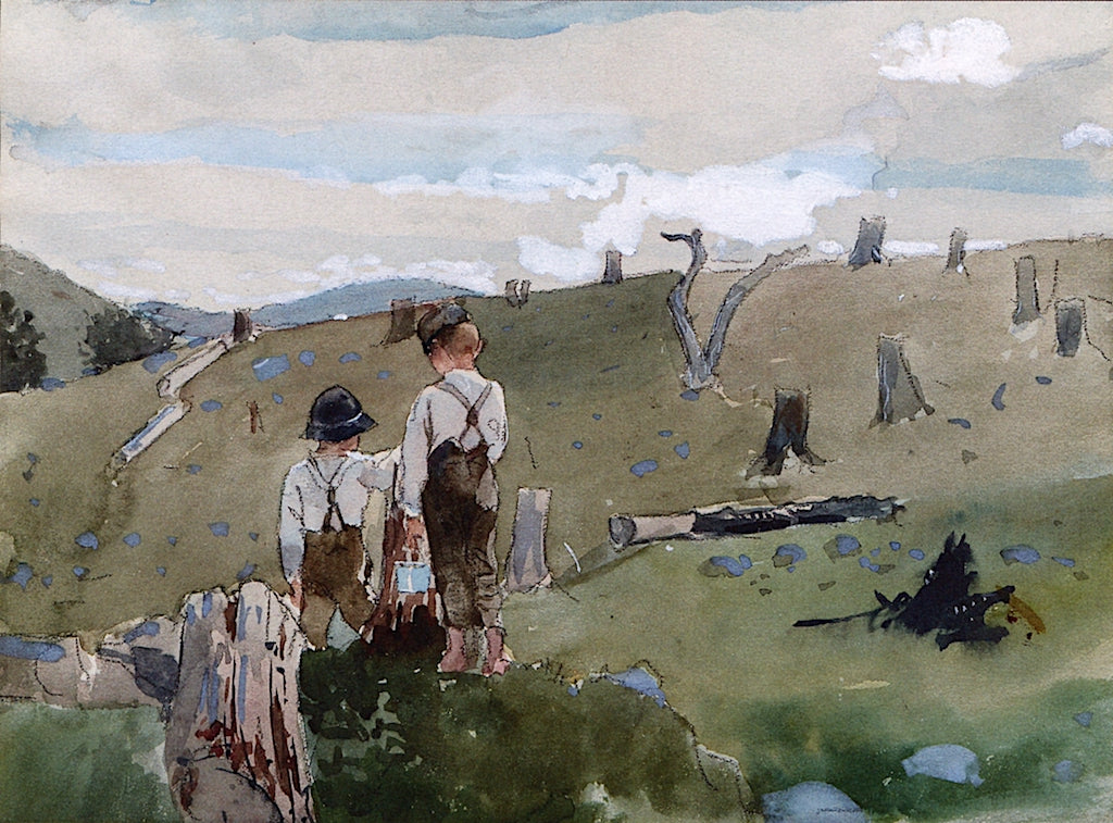 Boys on a Hillside: with Blue Berry Pail Amid Tree Stumps, vintage artwork by Winslow Homer, 12x8" (A4) Poster