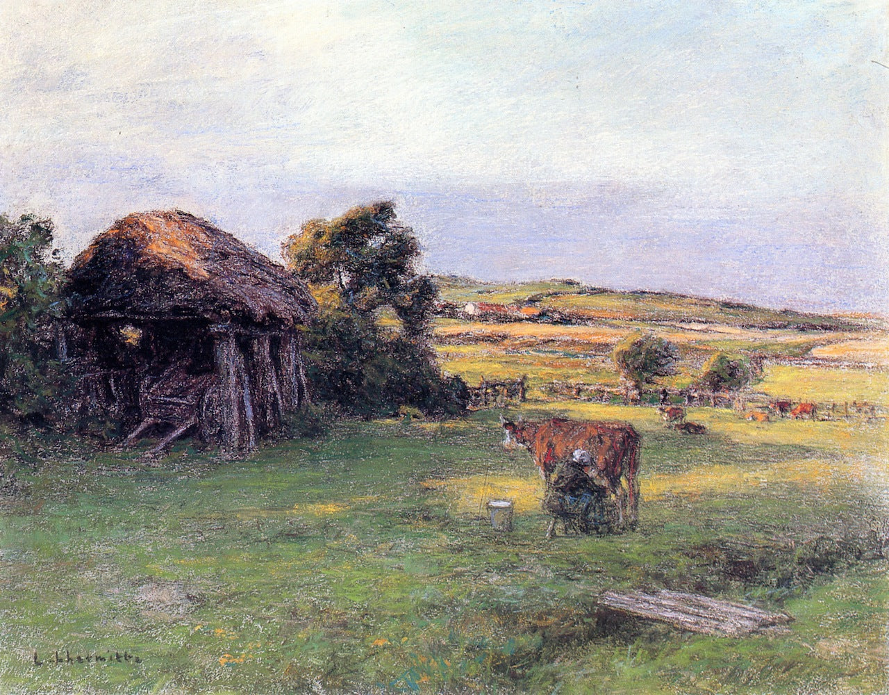 Landscape with a Peasant Woman Milking a Cow, vintage artwork by Leon Augustin Lhermitte, 12x8" (A4) Poster