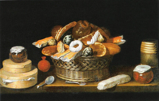 Still Life with Basket and Boxes, vintage artwork by Juan van der Hamen, 12x8" (A4) Poster