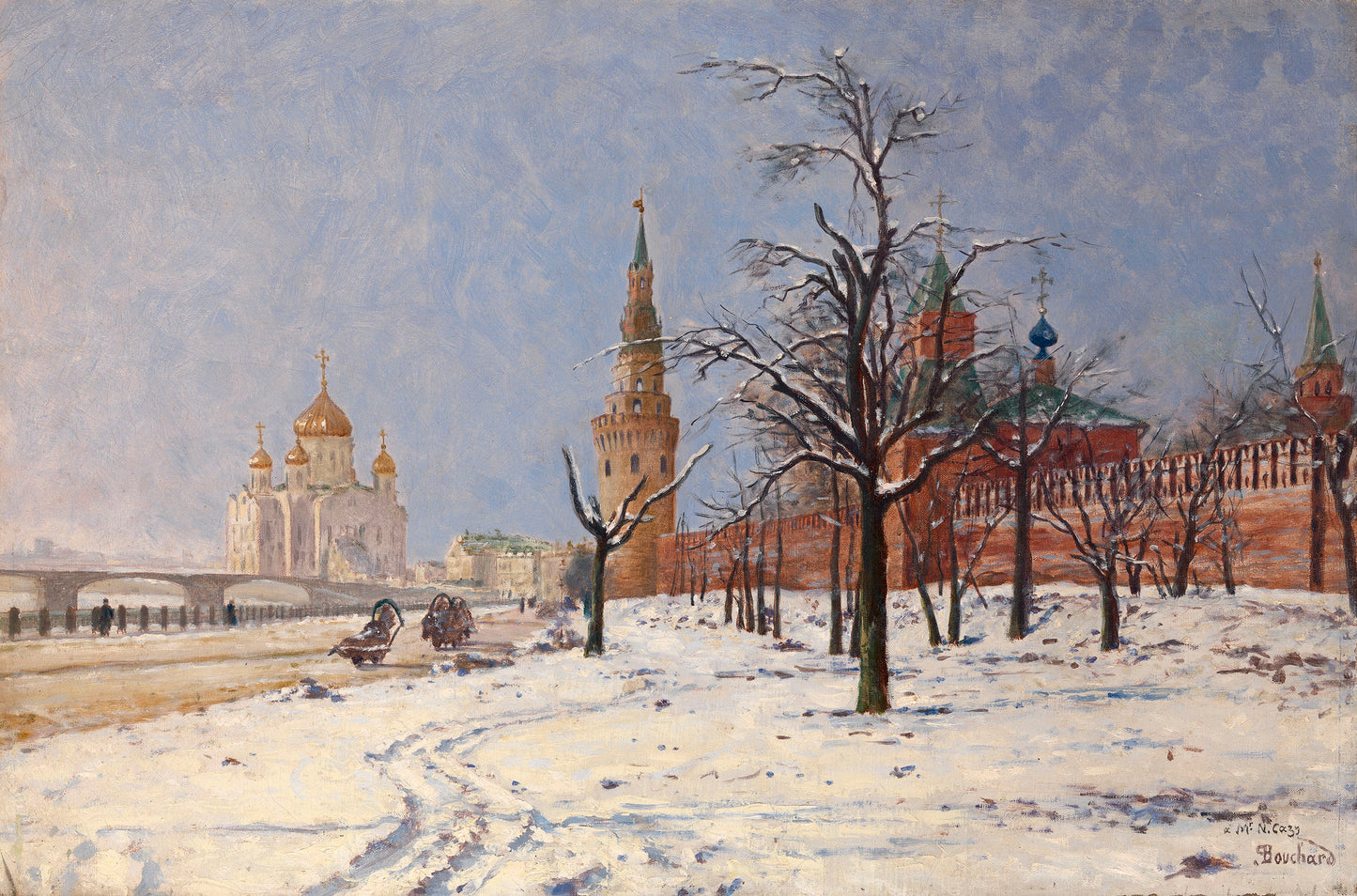 View of the Kremlin and Cathedral of Christ the Saviour in Winter, vintage artwork by Paul-Louis Bouchard, 12x8" (A4) Poster