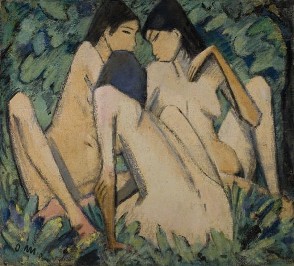 Three Girls in a Wood, vintage artwork by Otto Mueller, 12x8" (A4) Poster