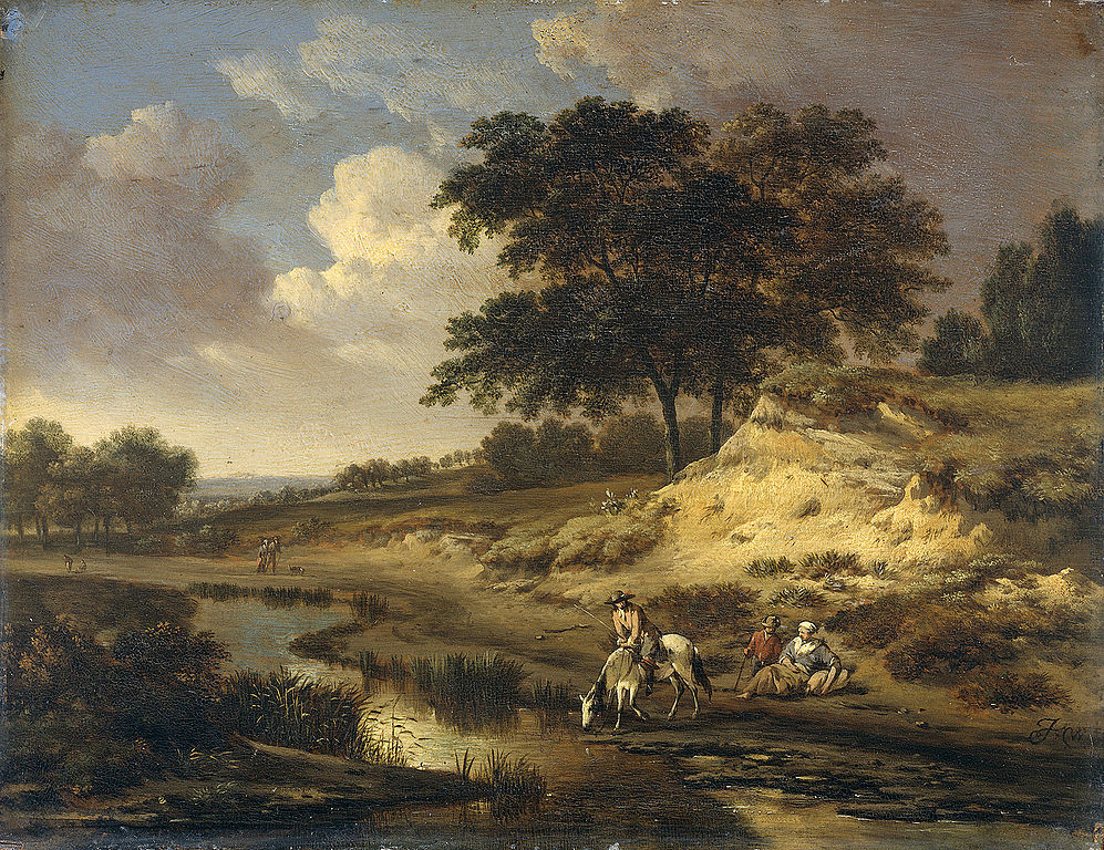Landscape with a Rider Watering His Horse, vintage artwork by Jan Wijnants, 12x8" (A4) Poster