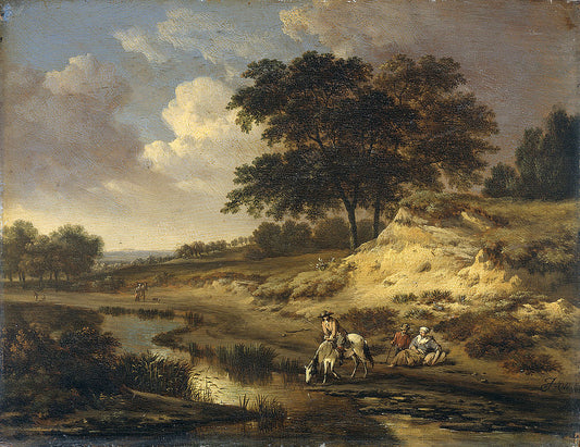 Landscape with a Rider Watering His Horse, vintage artwork by Jan Wijnants, 12x8" (A4) Poster