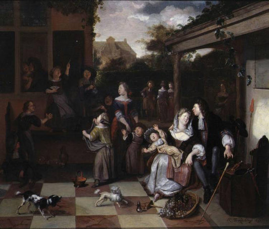 A family on a terrace, vintage artwork by Richard Brakenburg, 12x8" (A4) Poster