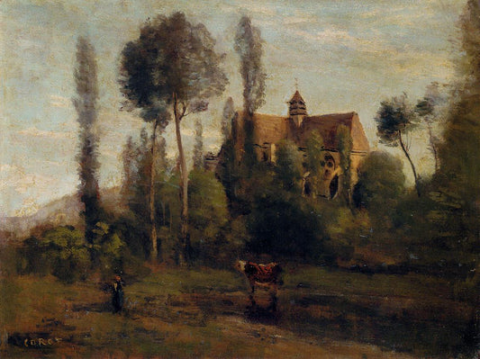 The Church at Essommes, near the Chateau Thierry, vintage artwork by Jean-Baptiste-Camille Corot, A3 (16x12") Poster Print