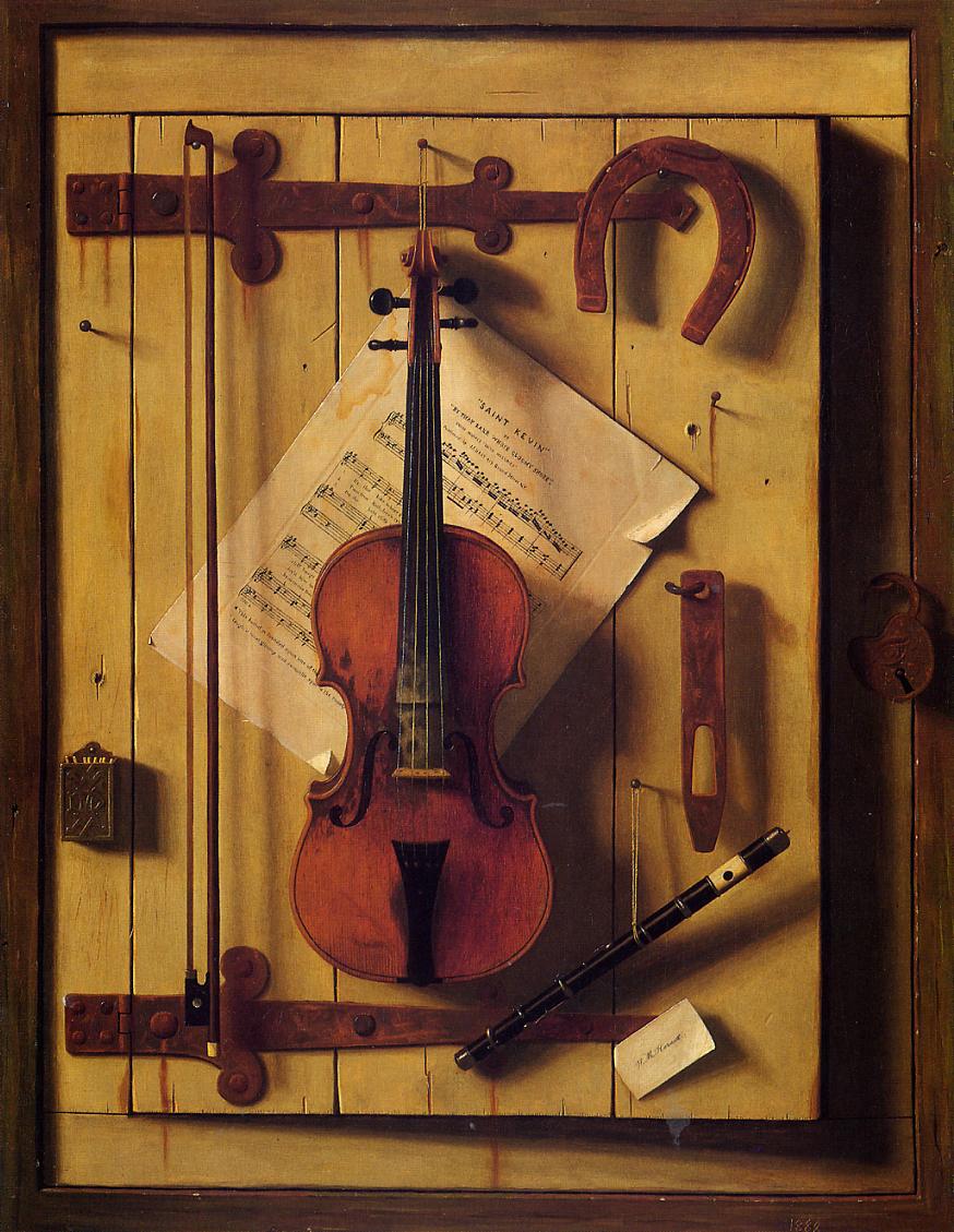 Still Life: Violin and Music, vintage artwork by William Michael Harnett, 12x8" (A4) Poster
