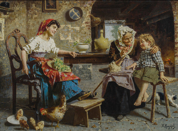 erior with grandmother and granddaughter by Eugenio Zampighi,A3(16x12