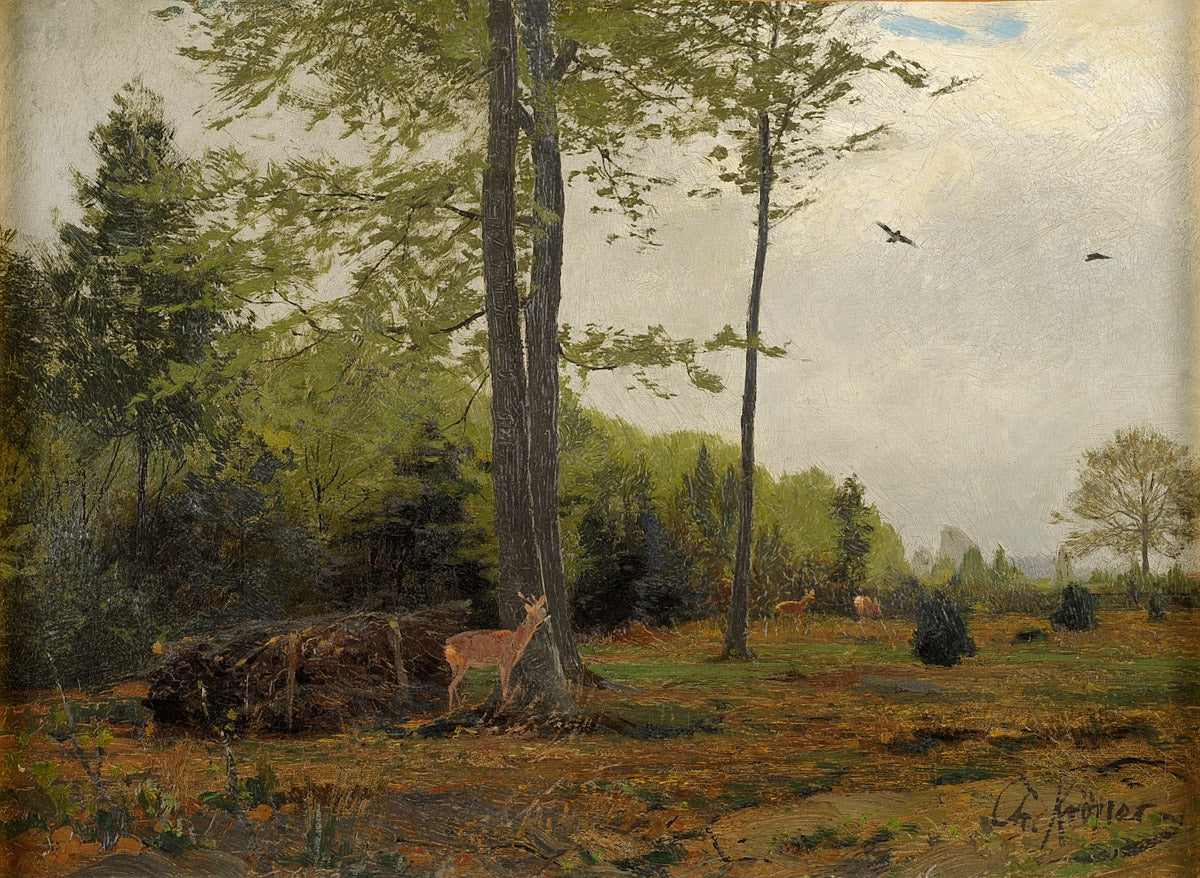 Forest clearing with deer, vintage artwork by Christian Johann Kroner, 12x8" (A4) Poster