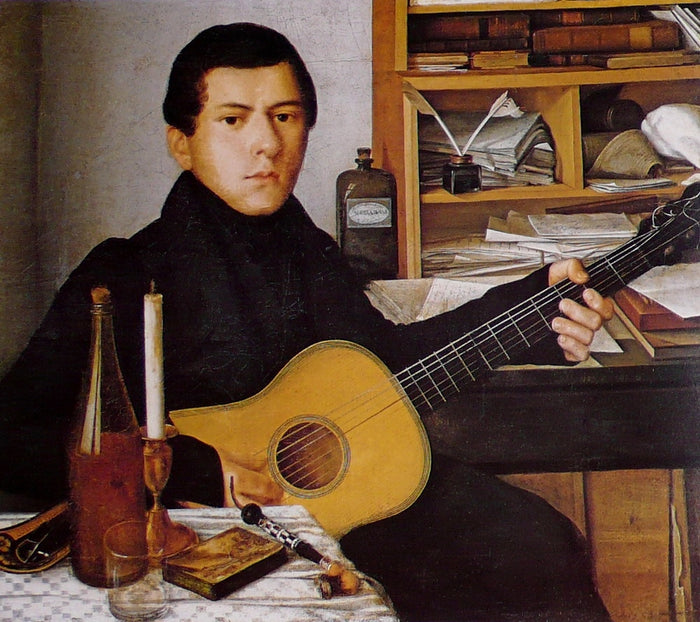 Portrait of Young Man With Guitar, vintage artwork by 19th century UNKNOWN, A3 (16x12