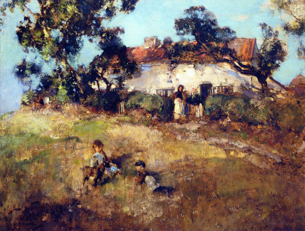 Children Playing near a Cottage, vintage artwork by Edward Arthur Walton, R.S.A., P.R.S.W., 12x8" (A4) Poster