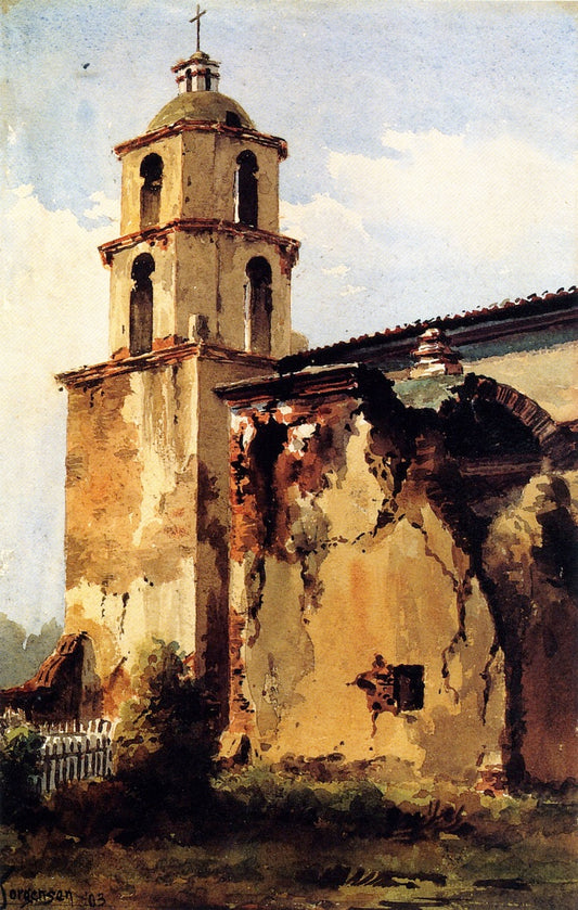 Mission San Luis Rey, vintage artwork by Christian Jorgensen, 12x8" (A4) Poster