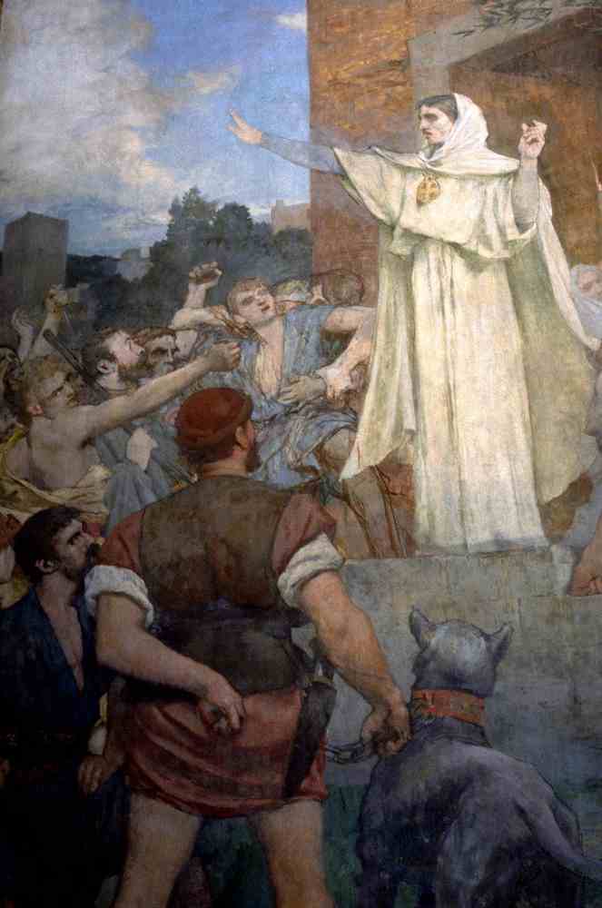 St. Genevieve makes confidence and calm to frightened Parisians of the approach of Attila, vintage artwork by Pierre Puvis de Chavannes, 12x8" (A4) Poster