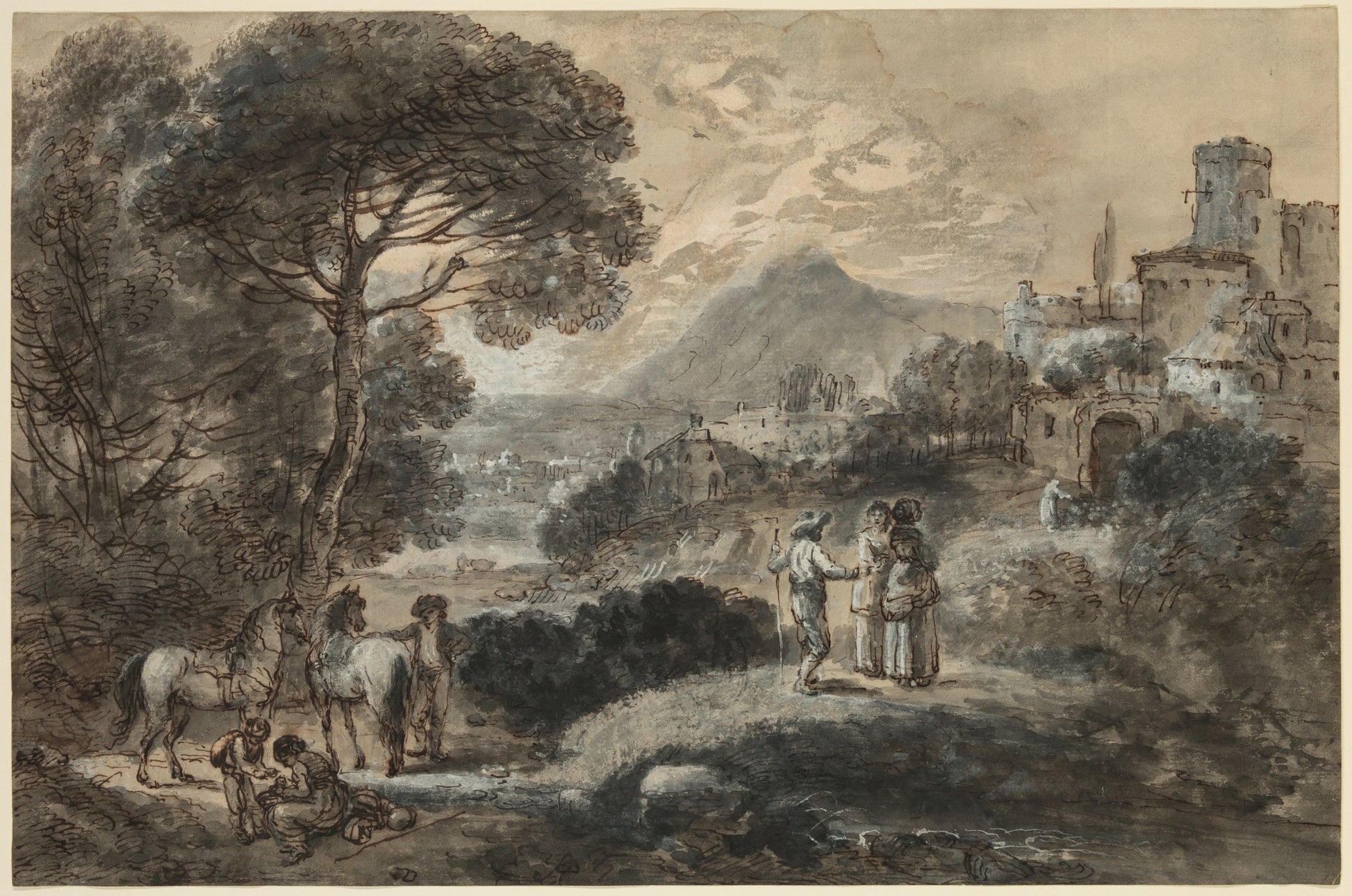 A Landscape with Horses, Peasants and a Hill Town, vintage artwork by Francesco Zuccarelli, 12x8" (A4) Poster