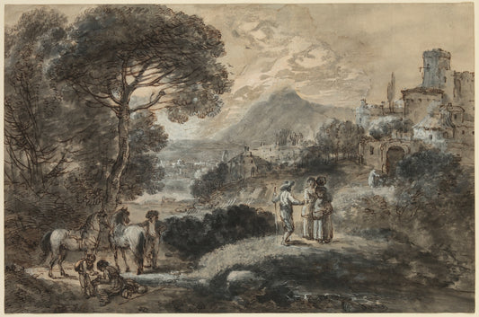 A Landscape with Horses, Peasants and a Hill Town, vintage artwork by Francesco Zuccarelli, 12x8" (A4) Poster