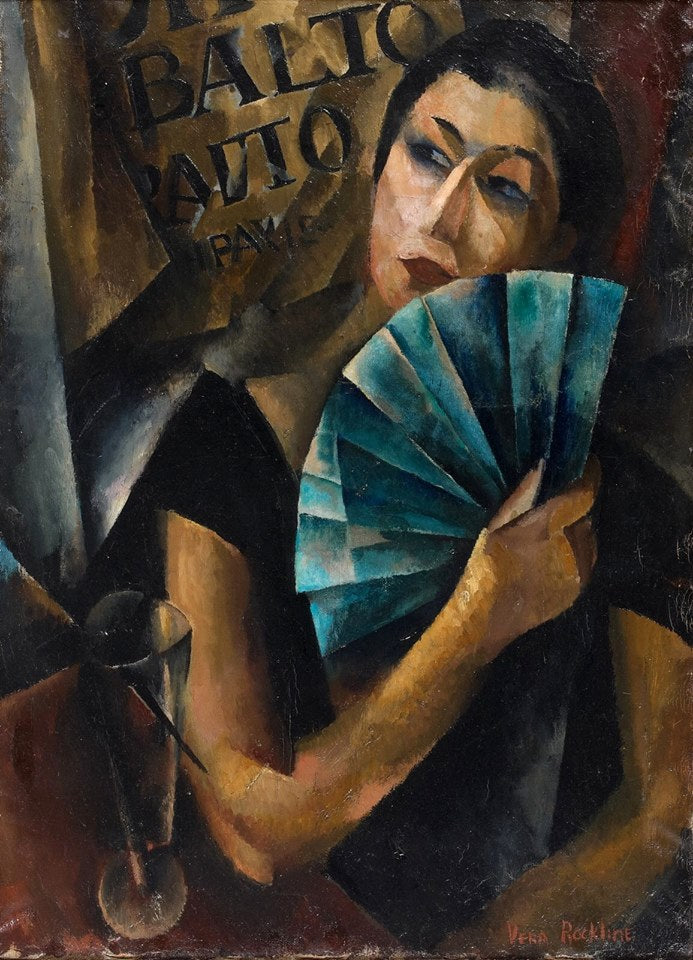 Young Woman with a Blue Fan by Vera Rockline,16x12(A3) Poster