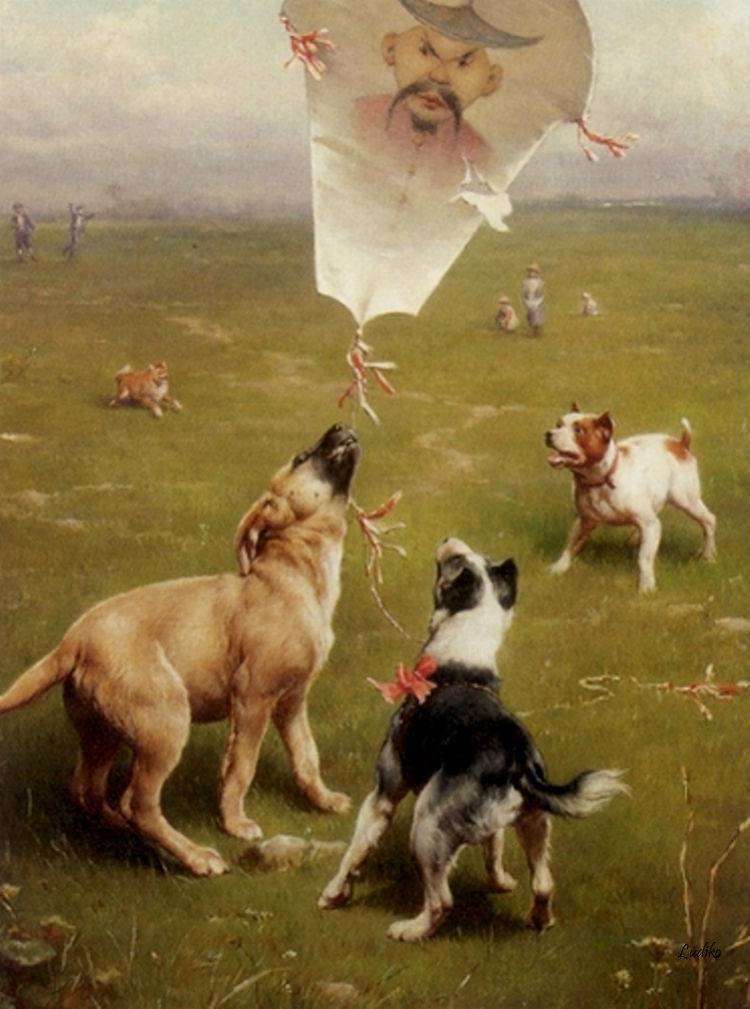 Up and Away Dogs Chasing the Kite, vintage artwork by Carl Reichert, 12x8" (A4) Poster