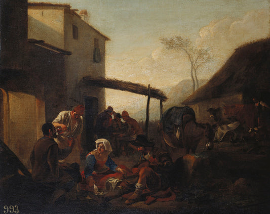 Italian Peasants outside a Tavern, vintage artwork by Jan Miel, 12x8" (A4) Poster