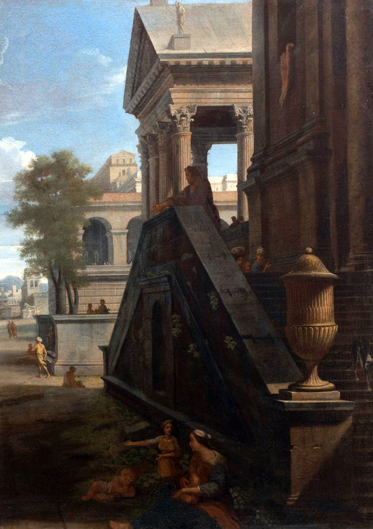 View of a Classical City with Characters, vintage artwork by Jean Lemaire, 12x8" (A4) Poster
