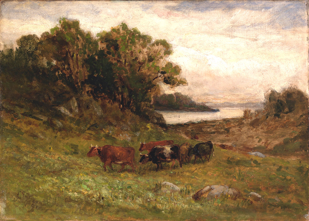 Five Cows Grazing with Trees and River in Background, vintage artwork by Edward Mitchell Bannister, 12x8" (A4) Poster