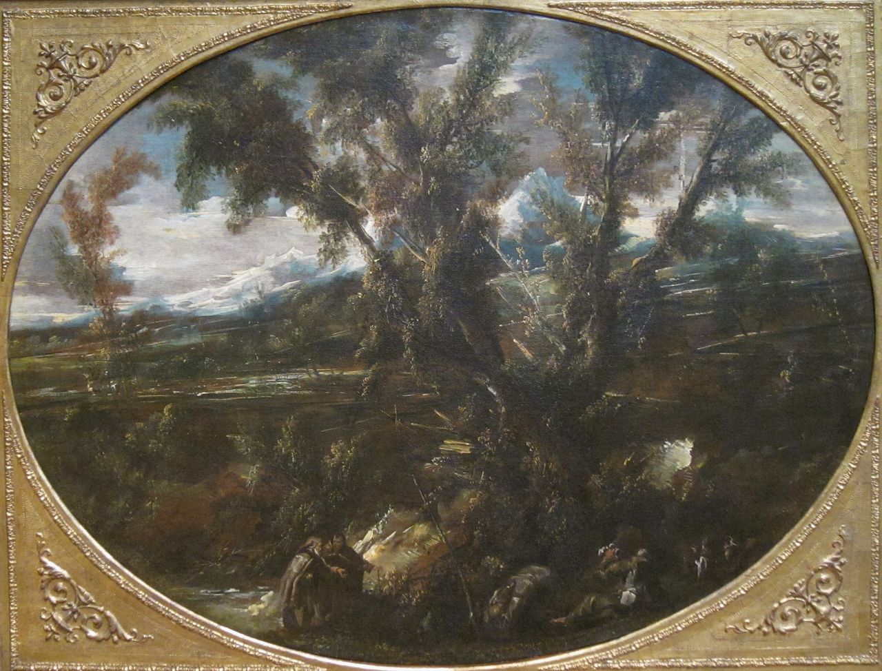 Wooded Landscape with Monks at a Fountain, vintage artwork by Attributed to Alessandro Magnasco, 12x8" (A4) Poster