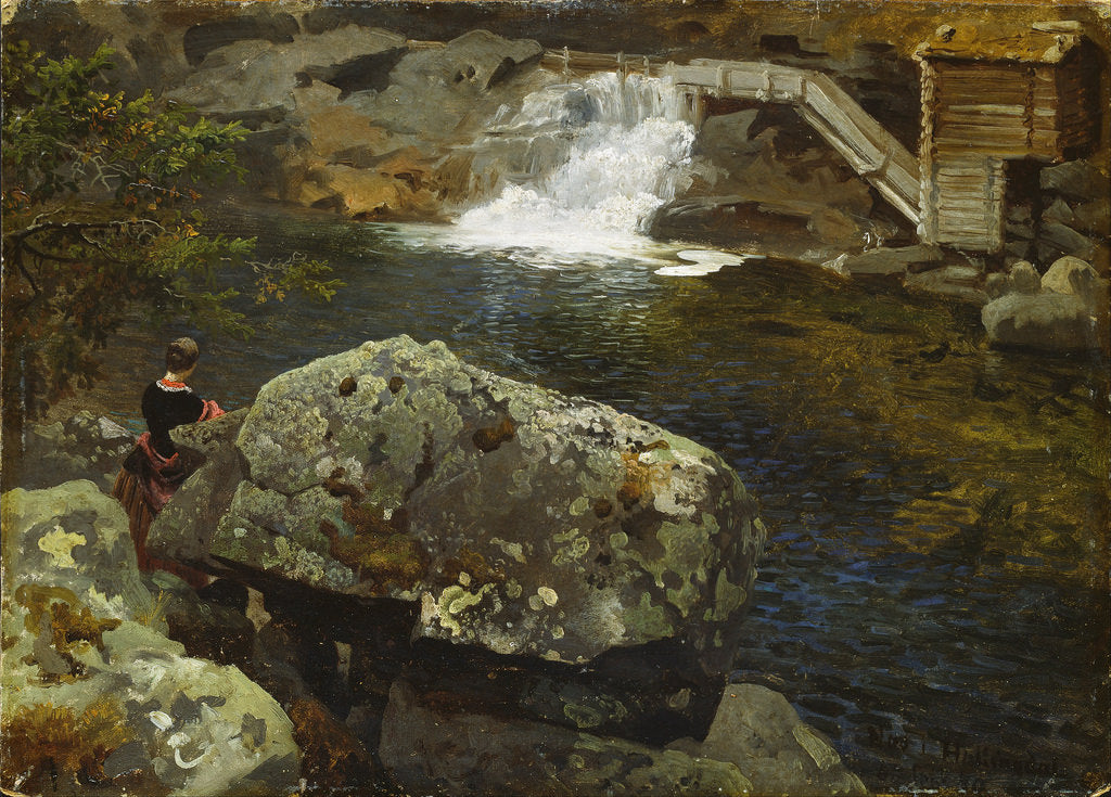 by  the Mill Pond, vintage artwork by Hans Gude, 12x8" (A4) Poster