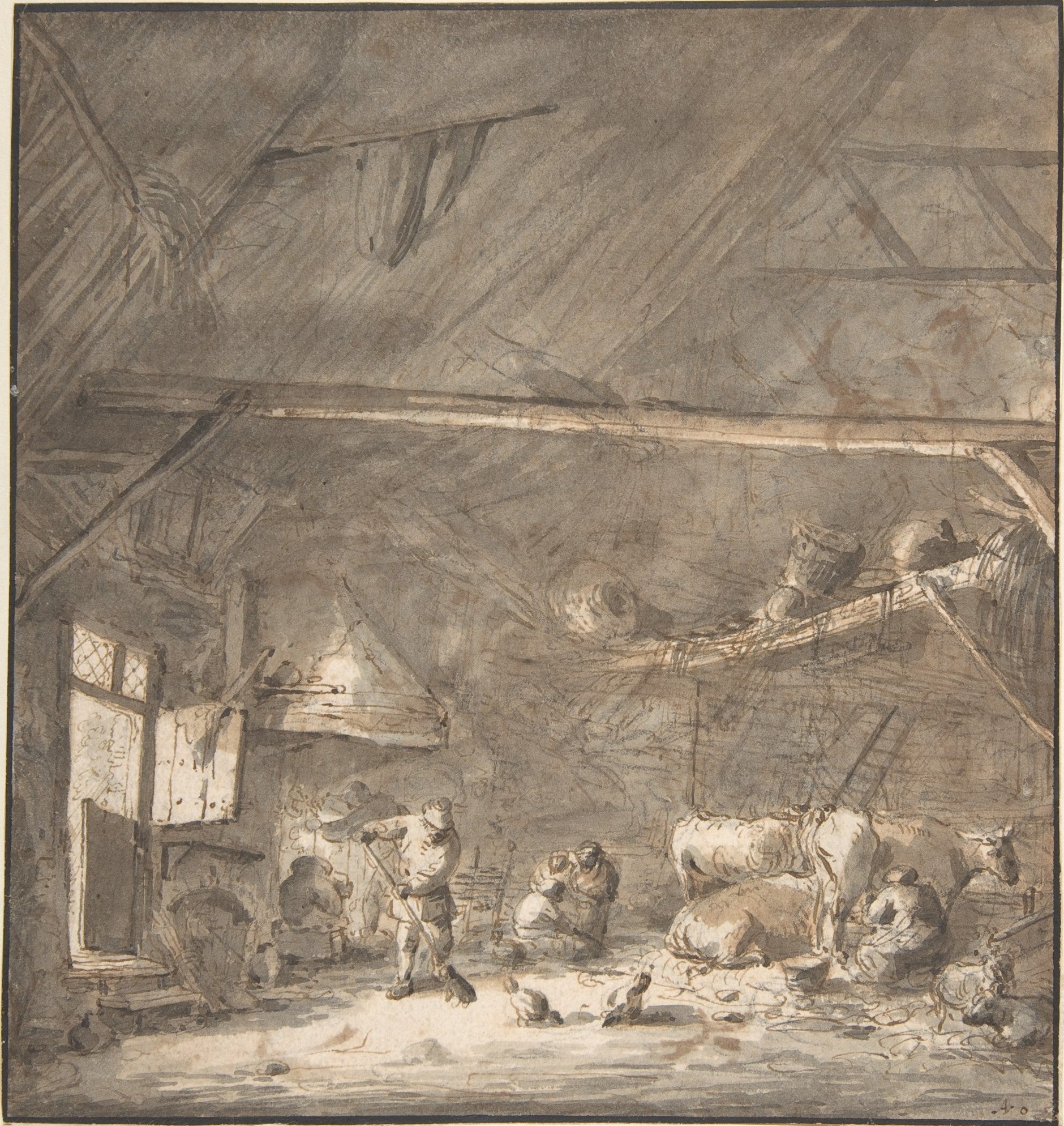 Barn Interior with Peasants and Cows, vintage artwork by Isaac van Ostade, 12x8" (A4) Poster