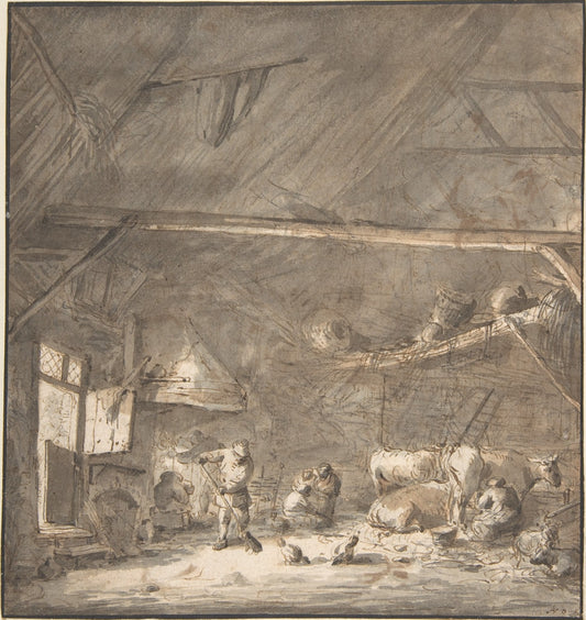 Barn Interior with Peasants and Cows, vintage artwork by Isaac van Ostade, 12x8" (A4) Poster