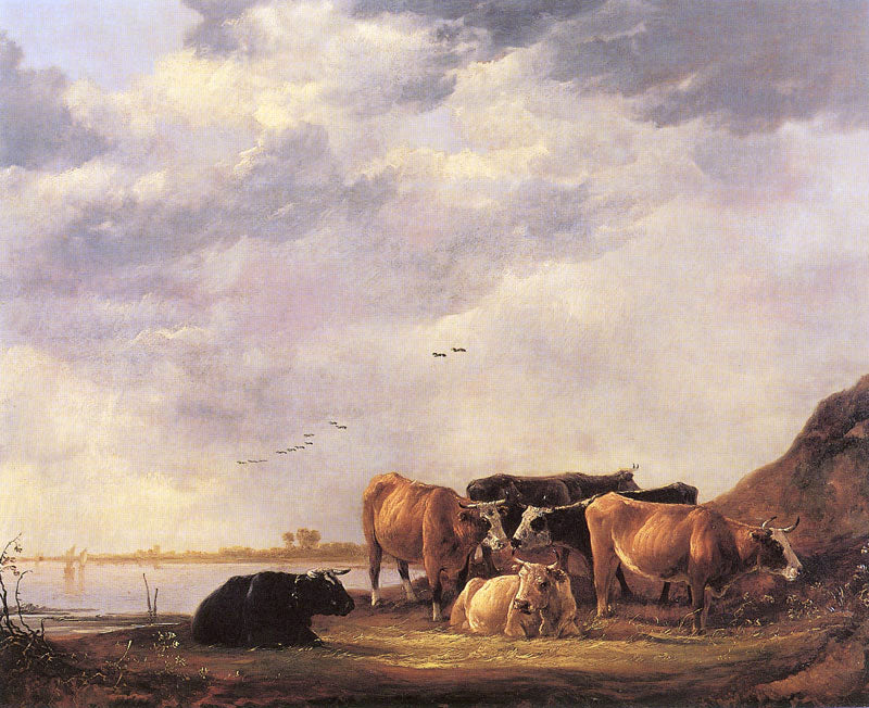 Bulls on a Riverbank, vintage artwork by Aelbert Cuyp, 12x8" (A4) Poster