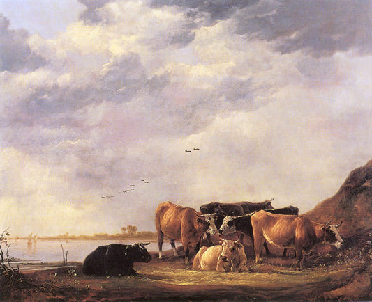 Bulls on a Riverbank, vintage artwork by Aelbert Cuyp, 12x8" (A4) Poster