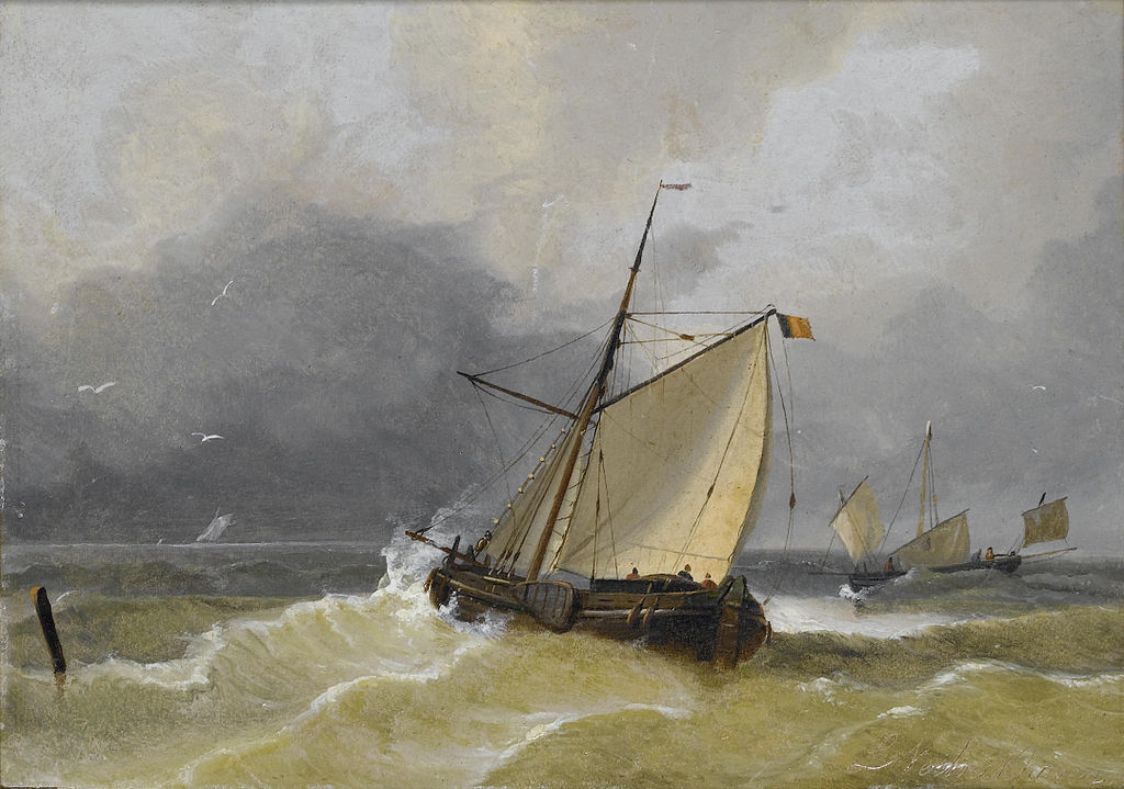 A Belgian tjalk running out to sea, vintage artwork by Charles Louis Verboeckhoven, A3 (16x12") Poster Print