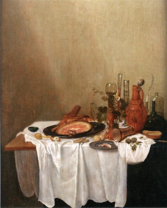 A Ham on a Pewter Plate, a Peeled Lemon, Various Jugs and Glasses, all on a Partially Draped Table, vintage artwork by Gerrit van Vucht, 12x8" (A4) Poster