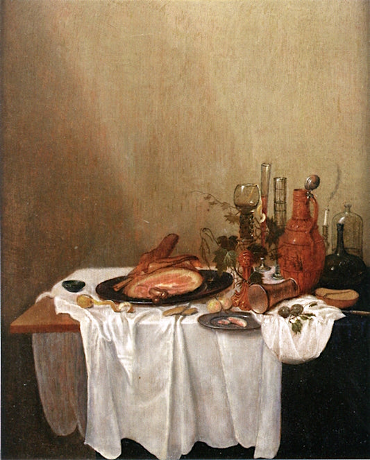 A Ham on a Pewter Plate, a Peeled Lemon, Various Jugs and Glasses, all on a Partially Draped Table, vintage artwork by Gerrit van Vucht, 12x8" (A4) Poster