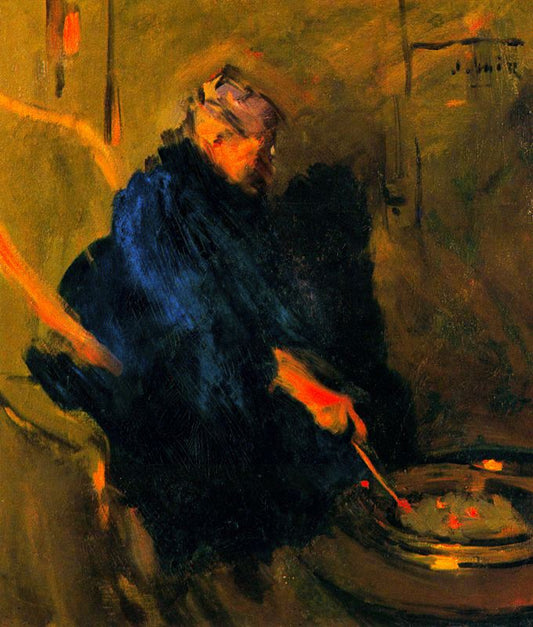 La madre del artista removiendoel brasero, vintage artwork by Joaquin Mir  Trinxet, 12x8" (A4) Poster