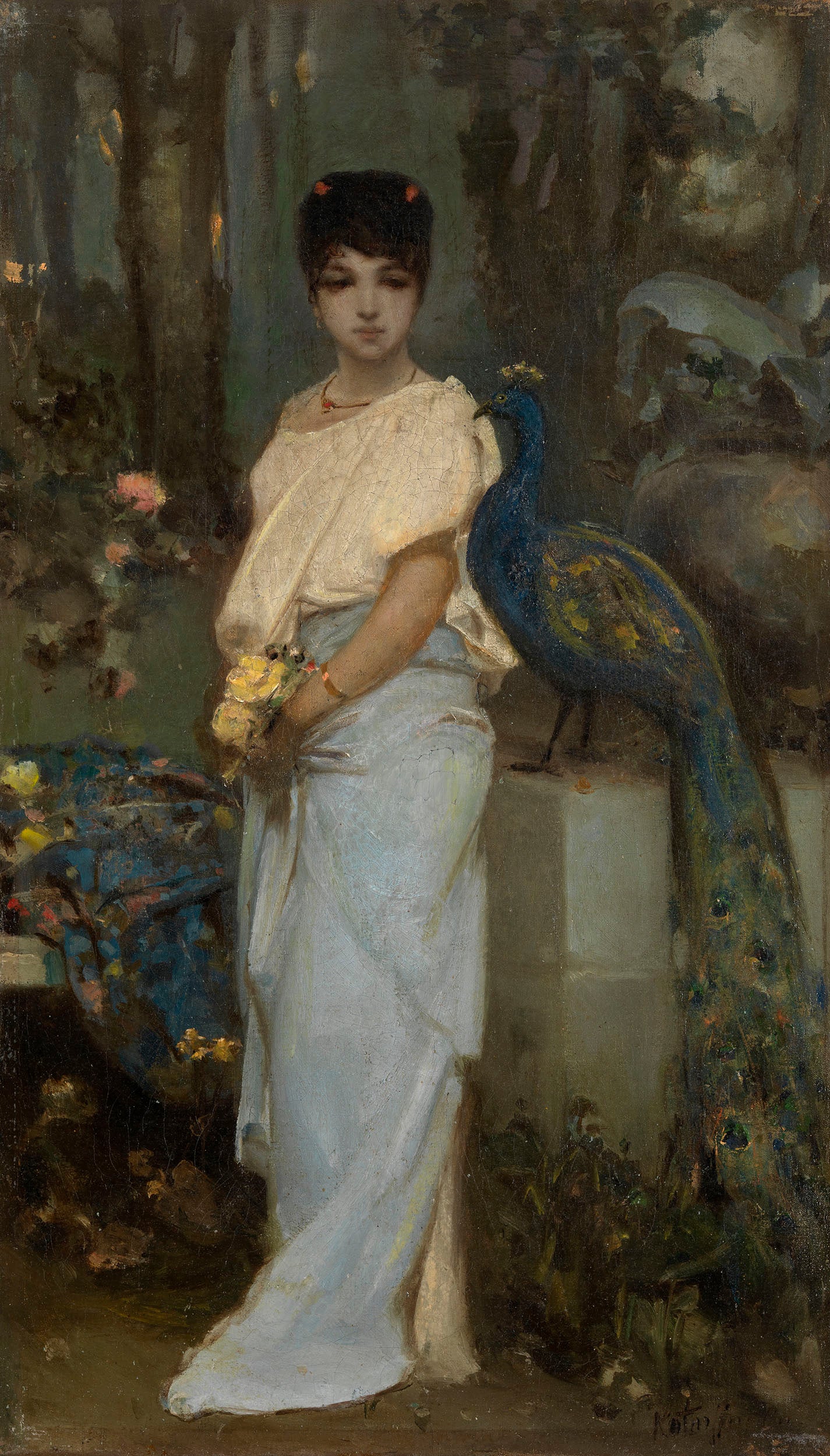 Portrait of a Young Lady with a Peacock, vintage artwork by Wilhelm Kotarbinski, 12x8" (A4) Poster
