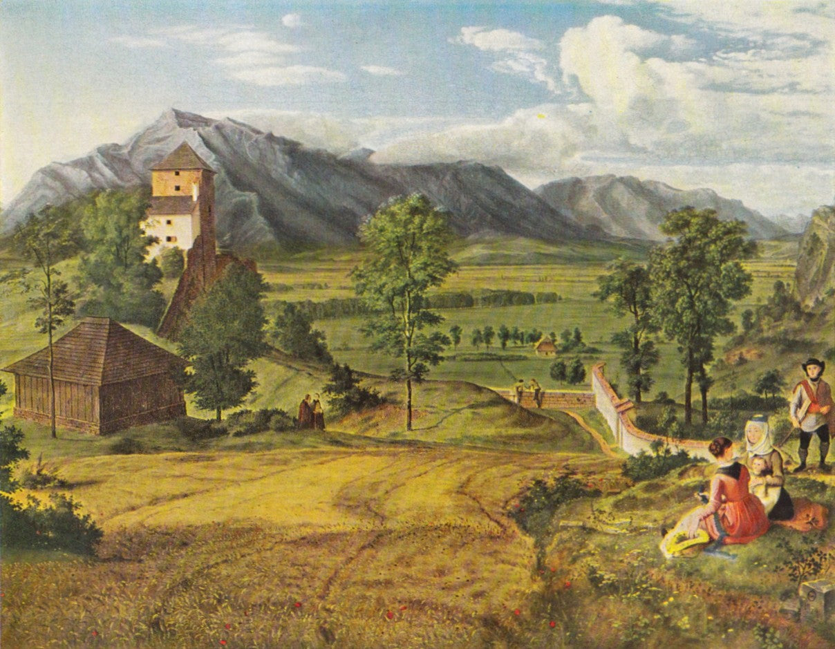 View from Mönchsberg to the Untersberg, vintage artwork by Johann Heinrich Ferdinand Olivier, 12x8" (A4) Poster
