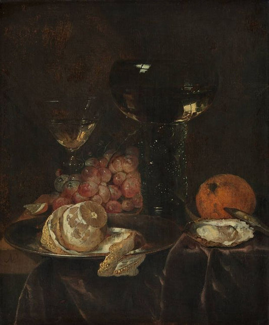 Still life with lemon, grapes and glasses, vintage artwork by Abraham van Beyeren, 12x8" (A4) Poster