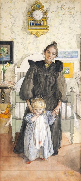 Karin and Kersti, vintage artwork by Carl Larsson, 12x8