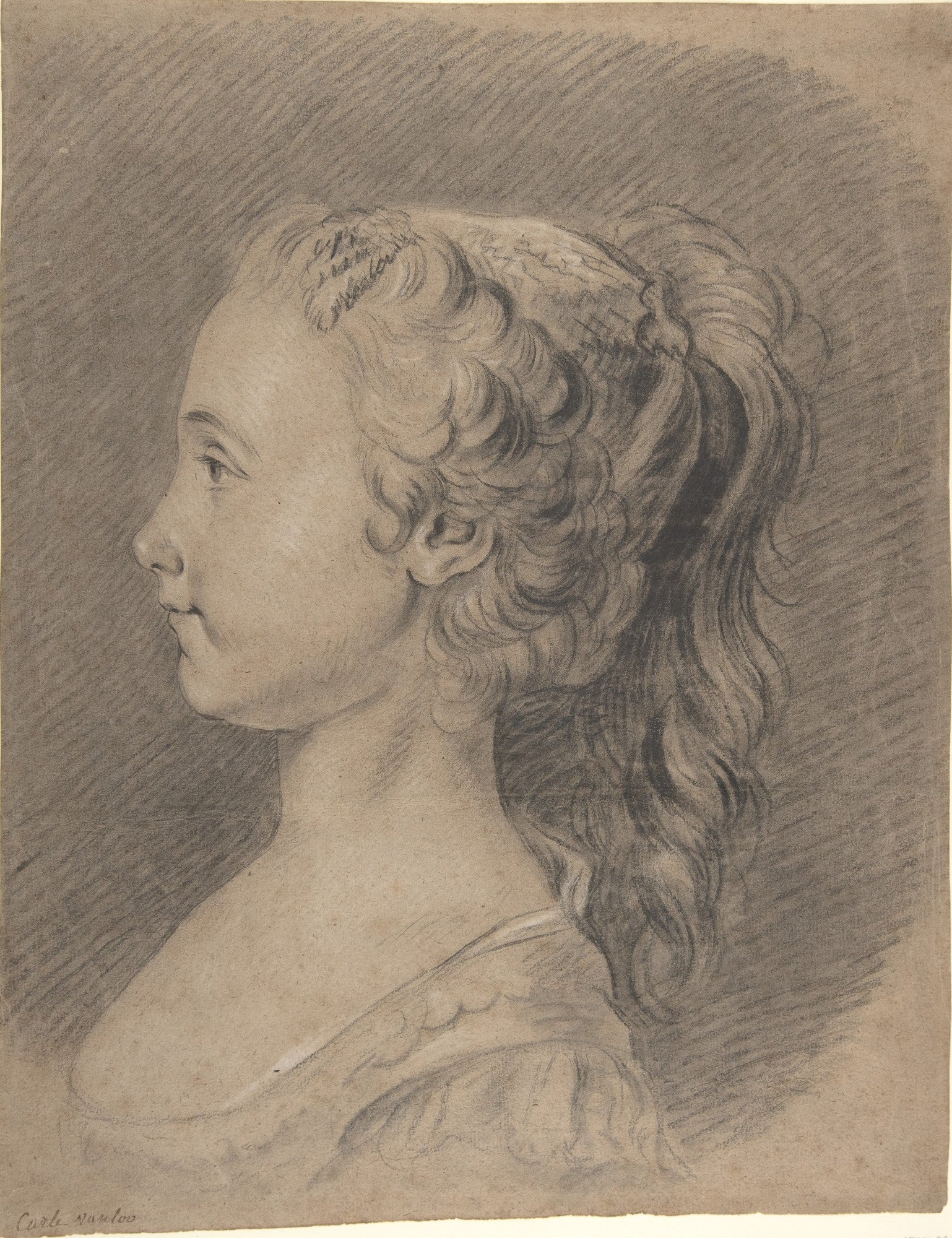 Bust of a Young Girl, Profile to Left, vintage artwork by Carle van Loo, 12x8" (A4) Poster