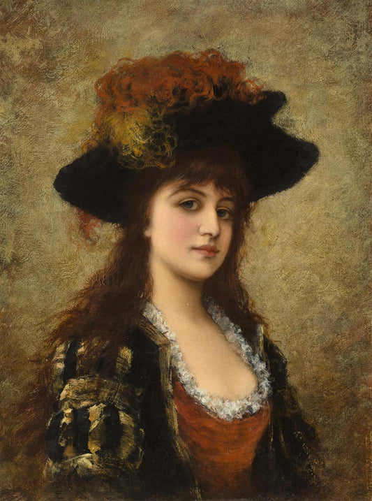 A Young Beauty with Feathered Hat, vintage artwork by Emile Eisman-Semenowsky, 12x8" (A4) Poster