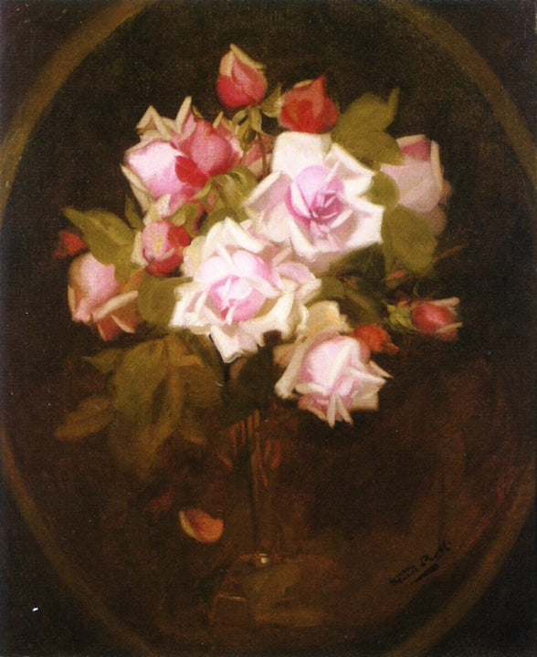 Still Life of Pink Roses in a Vase, vintage artwork by James Stuart Park, 12x8" (A4) Poster
