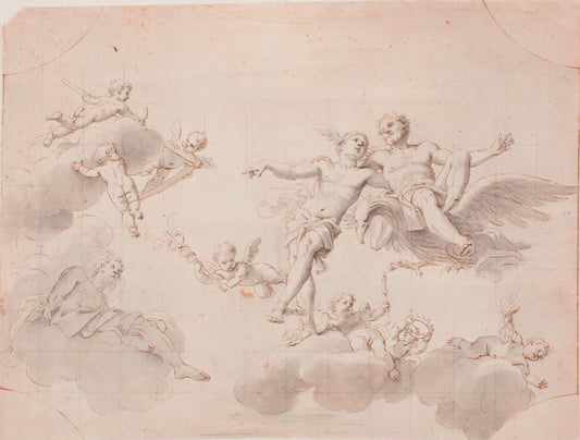 Jupiter, Mercury and the Time, with Putti, vintage artwork by Marcantonio Franceschini, 12x8" (A4) Poster
