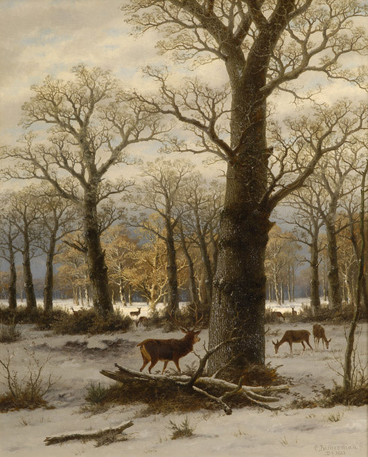 Winter Forest with Deer, vintage artwork by Caesar Bimmermann, A3 (16x12") Poster Print